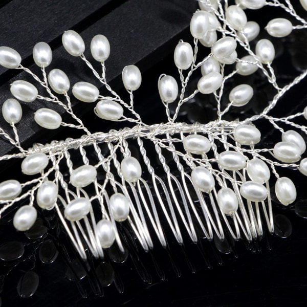 Brud handgjord pärlhårkam vit koppartråd Stor