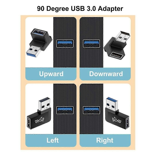 4 kpl USB 3.0 -sovitin, pystysuora ylös- ja alaskulma, vaakasuora vasen ja oikea kulma, USB-uros - naaras