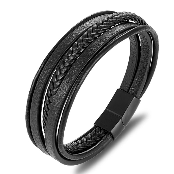 Ægte læderarmbånd til mænd Multiflettet justerbart sort læderarmbånd med spænde