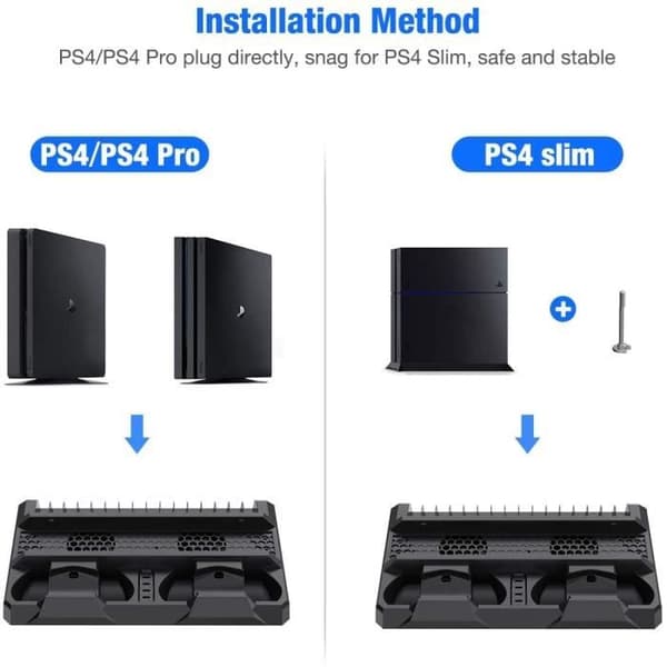 PS4-stativ med ventilator, til PS4/PS4 Pro/PS4 Slim, ladestation med LED-indikatorer, PS4-controllerstativ