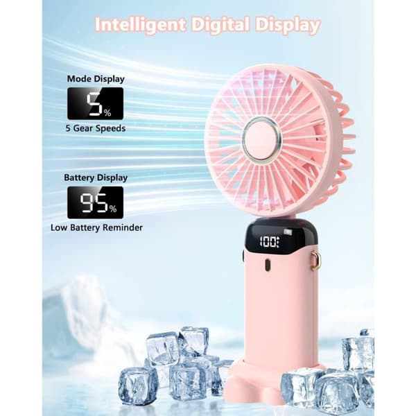 Mini bærbar USB-bordventilator, 5 ventilatorhastigheder, indbygget USB-batteri. Sammenklappelig ventilator (pink).