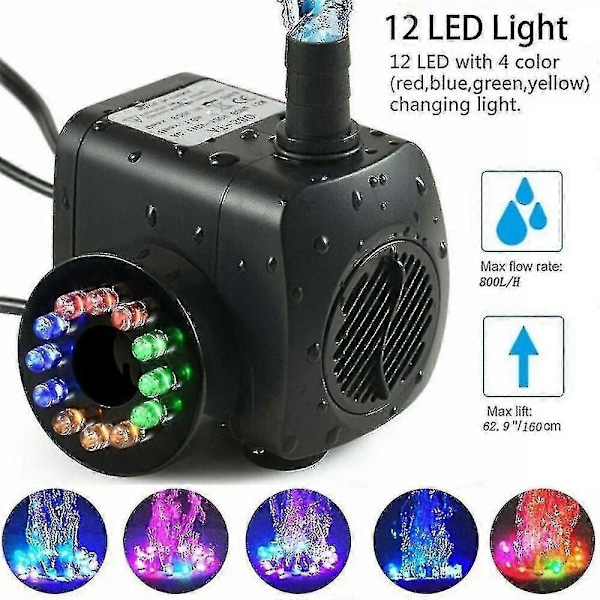 15W 800 l/h Suihkulähde Pumppu, Lammikkopumppu, Suihkulähde Pumppu, Puutarhapumppu, Suihkulähde Pumppu 12 LED-Valolla