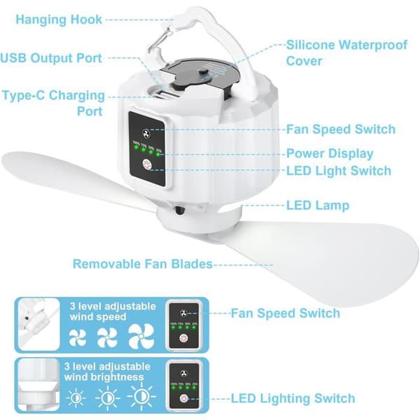 Campingventilator med LED-lanterne, genopladelig ventilator til telte, picnics, telte, nødsituationer