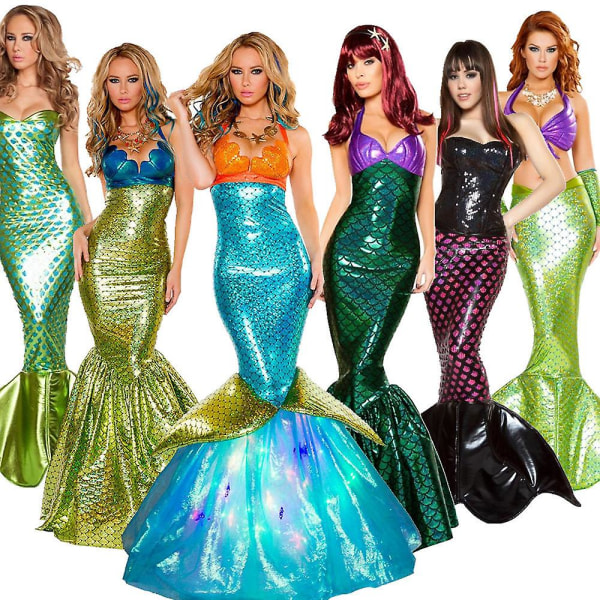 Kvinder Havfrue Prinsesse Halloween Kostume Pailletter Fancy karnevalstøj Sexet Ariel Fest Bodycon Vestidos Kjole Fiskehale nederdel Color 5 XL