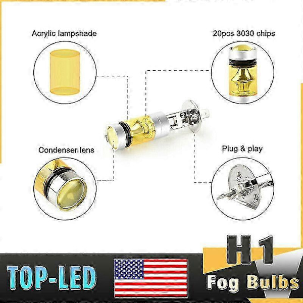 H1 3000K Gule LED Tåkelyspærer DRL Frontlyssett 100W Høy Effekt US