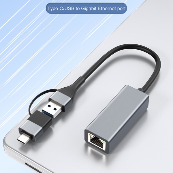2In1 USB3.0/Type-C til RJ45 Ethernet Adapter 1000Mbps Nettverkskort Adapter Kablet nettverkskonverter