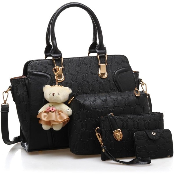 Handväska i PU-läder, tygplånbok för kvinnor, svart (set med 4)