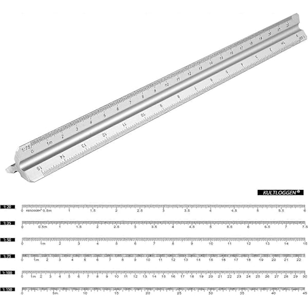 Alumiininen Viivoitin, Kolmion Muotoinen Viivoitin, Kolmion Muotoinen Skaala 1:20, 1:25, 1:50, 1:75, 1:100, 1:150, 30 Cm Pitkä Kolmion Muotoinen Skaala