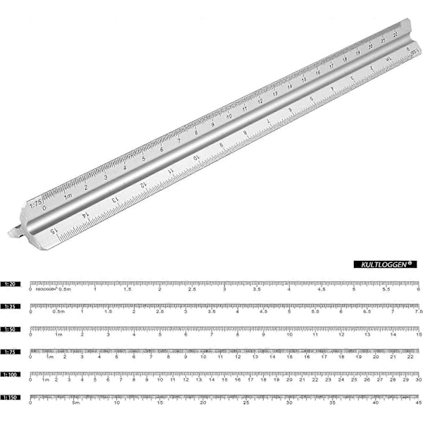 Aluminiumlinjal Skala Triangulär Linjal Triangulär Skala 1:20, 1:25, 1:50, 1:75, 1:100, 1:150, 30 Cm Lång Triangulär Skala