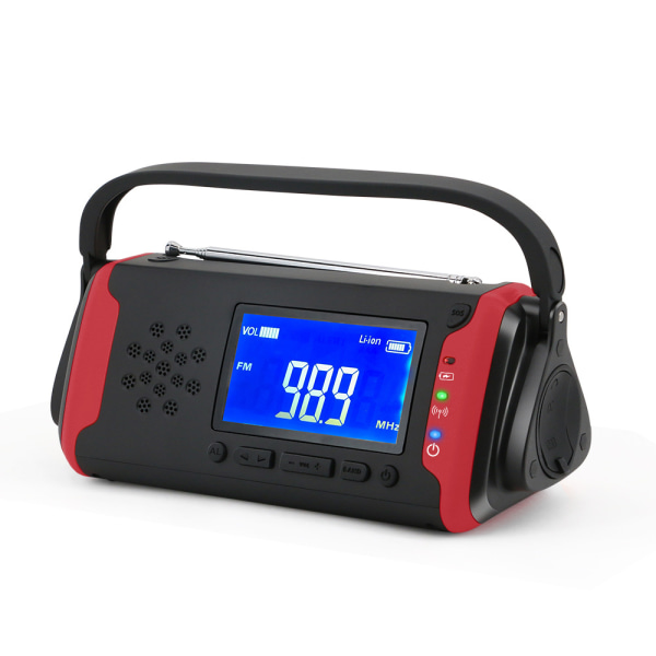 Aurinkoradion hätäkäsikammen AM FM-radio kirkkaalla taskulampulla, SOS-varoituksella, AUX-musiikkisoittimella red