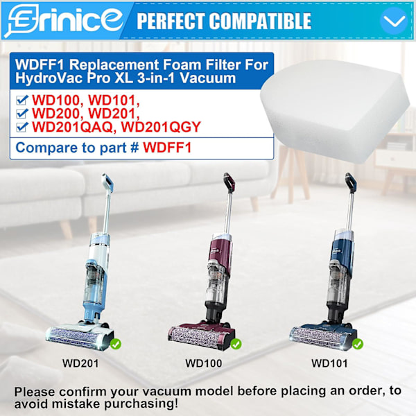 6-pakks vaskbare skumfiltre for Shark WD100, WD101, WD101C, WD200, WD200C, WD201, WD201C, AW201 HydroVac Cordless Pro XL 3-i-1 støvsuger