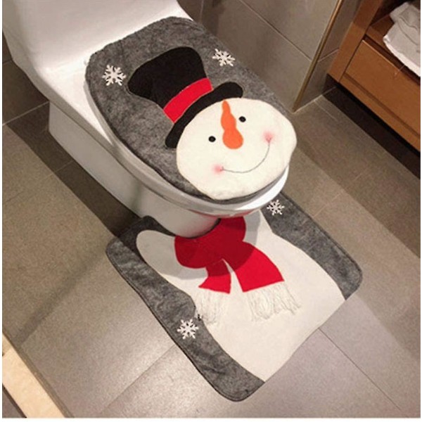 Cheng-9 Christmas Snowman Santa Deer Toalettsetetrekk og teppesett Rødt julepynt bad (snømannstil 2)