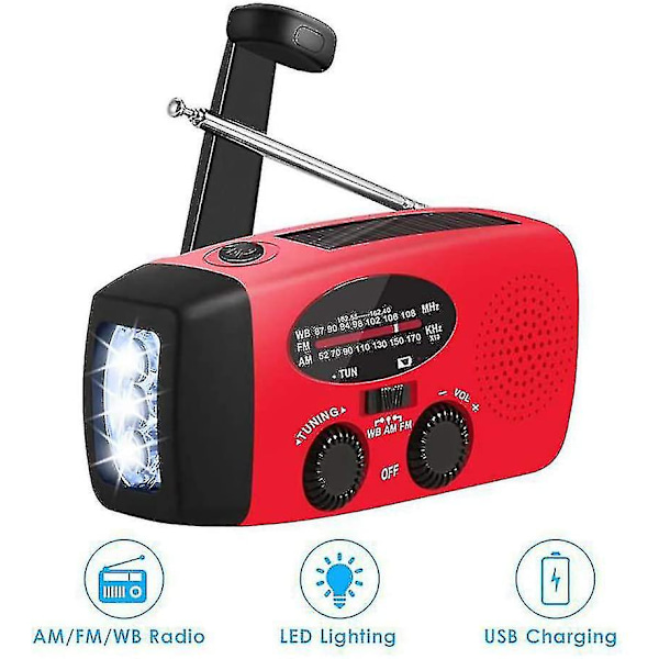 Solcellsradio vevradio multifunktion bärbar utomhus för nödsituationer med handvev LED ficklampa powerbank FM/am nödradio för vandring läger