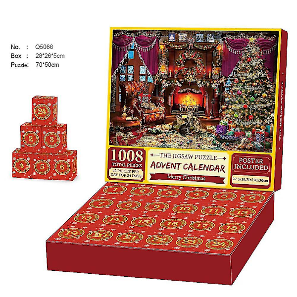 Julepuslespill Adventskalender 2024, 1008 Brikker Puslespill Blindboks 24 Dager Juletelling-B-