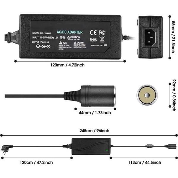 Universal Bilopladeradapter Cigarettænderstik - 100V-240V til 12V 5A