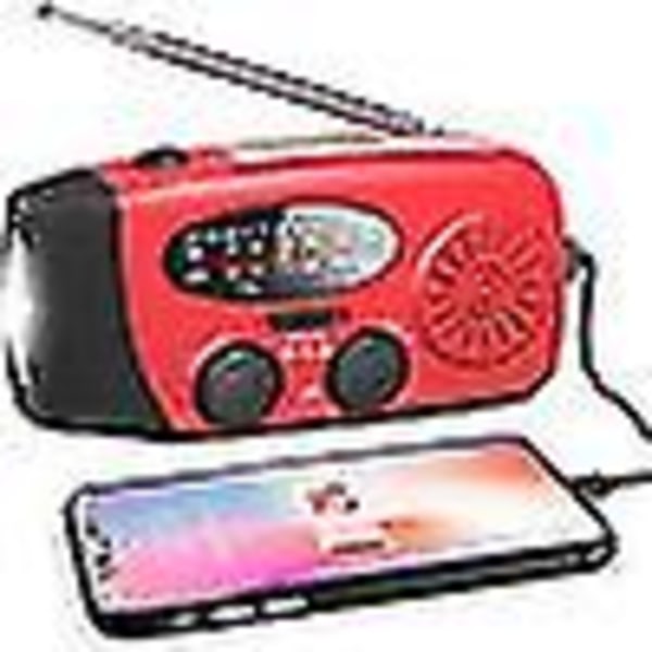 Nødlader med solcelle, håndsveiv og værradio med LED-lommelykt