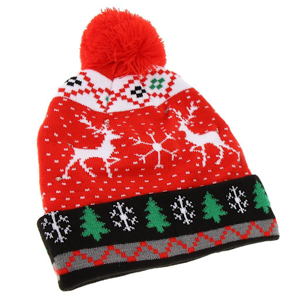 Light Up Knitted Ugly Sweater Holiday Christmas Beanie Elk Snow Tree