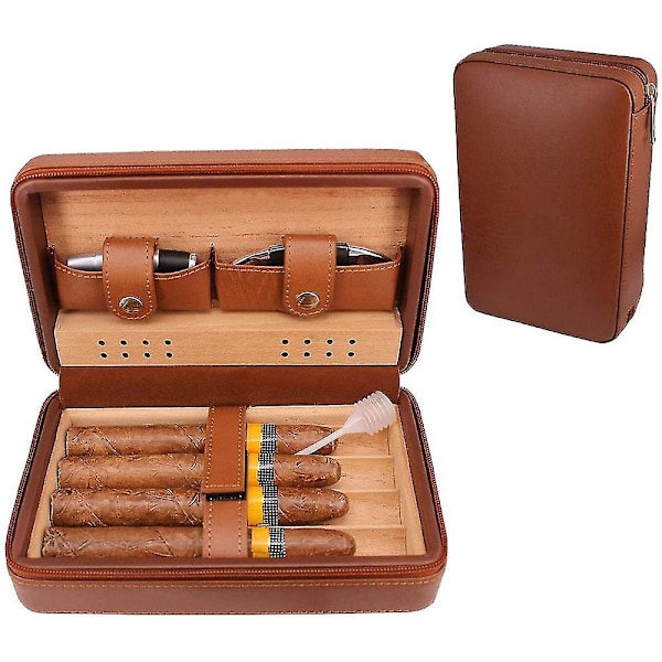 Læder Rejse Cigar Humidor Etui, Bærbar Cedertræ Med Luftfugter Luftfugter Til 4