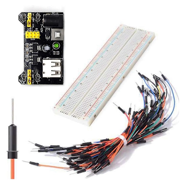 3.3V/5V MB102 Virransyöttömoduuli + Juotosvapaa 830-pisteen koekytkentälevy + 65 Jumper-johtoa