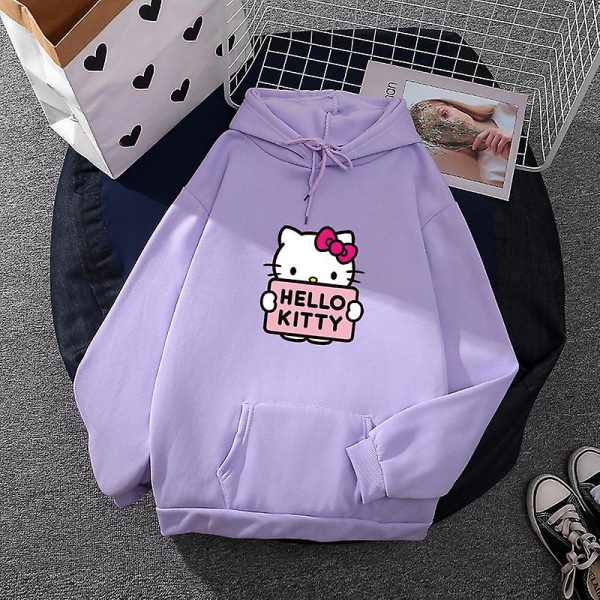 Tecknad Sanrio Hello-kitty Söt huvtröja för kvinnor Koreanska flickor Modetröja Vår och höst Modell Kläder Casual Långärmad Purple S