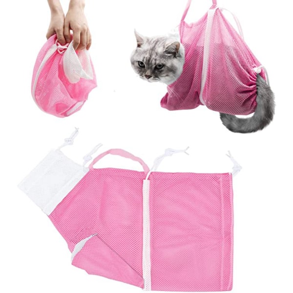 Cat Bath Bag Justerbar Multifunktionell Fast Cat Bath Bag-Rosa vit