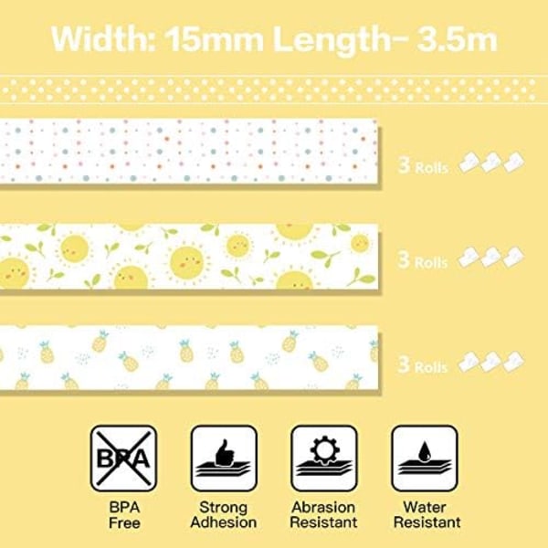 M02 Pro/M02S termisk papir, 15 mm x 3,5 m, 3 ruller av hvert mønster, totalt 9 ruller (gul)