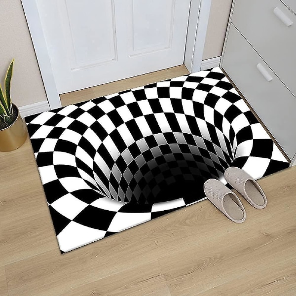 Optical Illusion Rug 3d Stereo Checkered Vortex Optical Illusions Rug Funny Sensation Of Falling Black & White Non-slip Plaid Hole Area Rug For Dining