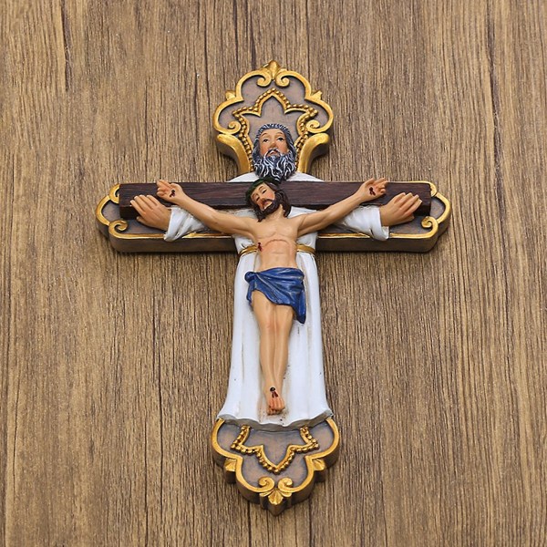 Hellig krusifiks Harpiks Jesus kors med Gud Religiøs korsfestelsesstatue Katolsk figur Vegghengende dekorasjon Bønnesamling Ornament