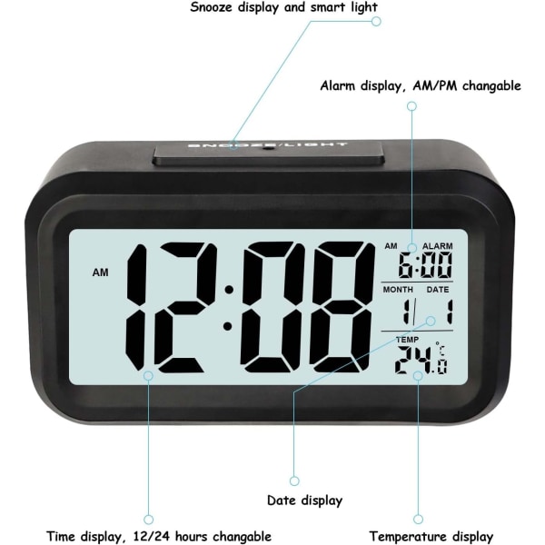 LCD digital alarmklokke, reisealarmklokke med temperatur slumrefunksjon, soverom, hjemmekontor