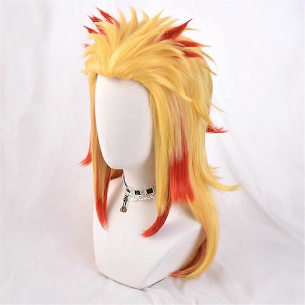 Demon Slayer Anime Rengoku Kyoujurou Cosplay Fuld Paryk Rød Gul Kort Krøllet Syntetisk Hår Parykker Halloween Karneval Rollespil Party Kostume Rekvisitter