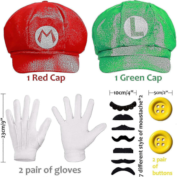 Mario og Luigi Hater, Caps, Mustasjer, Hansker, Knapper Cosplay Kostyme