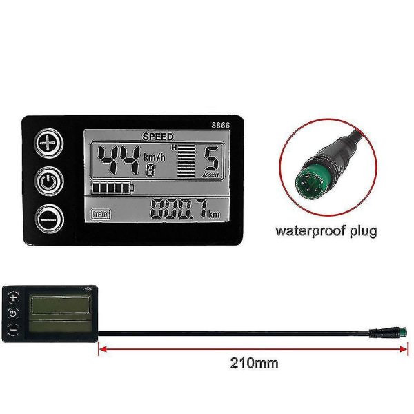 S866 Elektrisk cykel LCD-display 24v 36v 48v E-cykel Elektrisk scooter Displaymätare Kontrollpanel Med vattentät kontakt