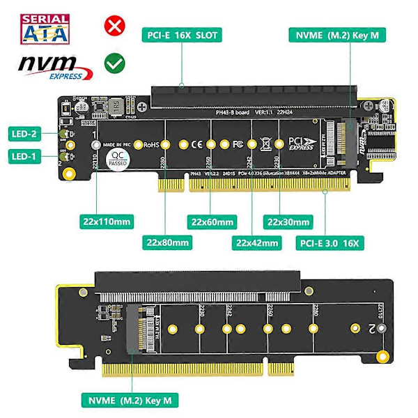 Dual NVMe PCIe -sovitin, PCIe 4.0 X16 - Dual NVMe & 1x Lisää PCIe X16 (X8 Signaali) -sovitin M.2 NVM:lle