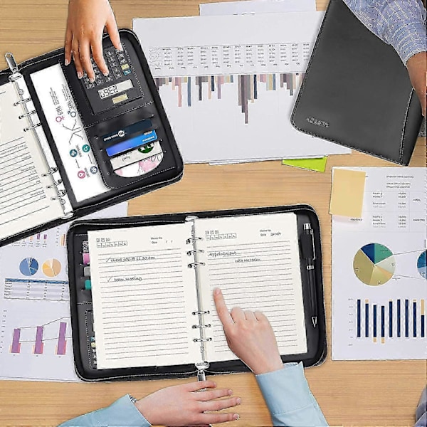 A5 Konferencemappe med Lynlås - Sort Personlig/Arbejds Organiser - Business Rejse Porteføljemappe med Ringbind, Lommeregner, Genopfyldelige Notesblok Sider