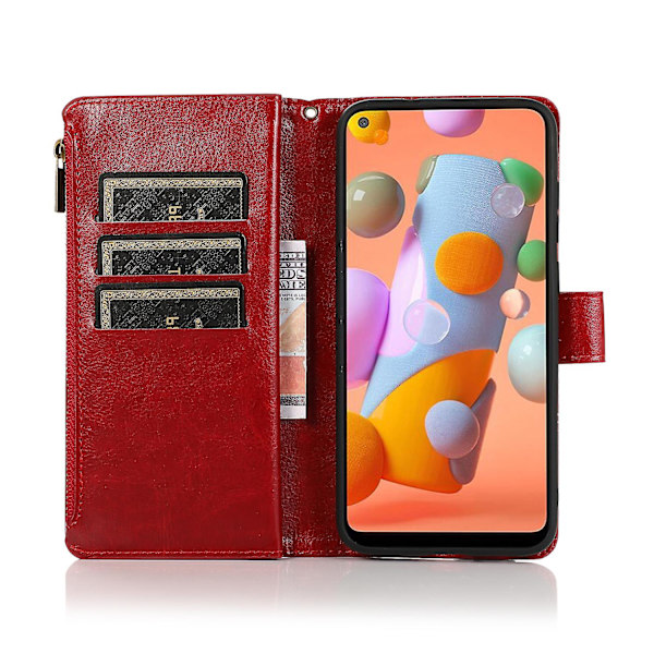 Lombokpung for Samsung Galaxy A30 glidelås pung med 9 kortspor lomme håndleddsstropp stativ magnetisk flip skinndeksel rød