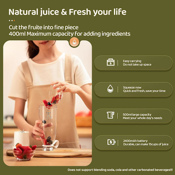 Bærbar blender, personlig blender med 6 knive 2400mAh kraftig USB genopladelig blender juicer,