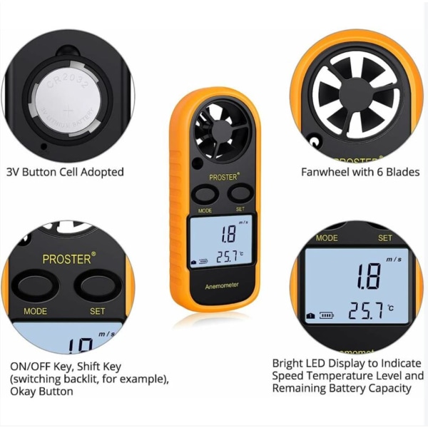 LCD digital vindmåler Vindhastighetsindikator Luftstrømhastighetsmåler termometer med bakgrunnsbelysning