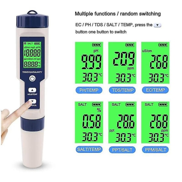 5 i 1 digitalt saltinnholdsmåler for testing av saltvann, høypresisjonstester for bassengsalt (IP67)