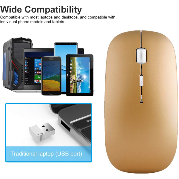 Smal trådlös mus, 2,4G tyst bärbar datormus med nanomottagare, ergonomisk trådlös mus (guld)