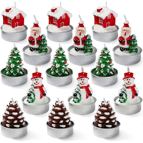 15-pack Mini Julte-Ljus, Oparfymerade, Inkluderar Julgran & Tomteformade Ljus