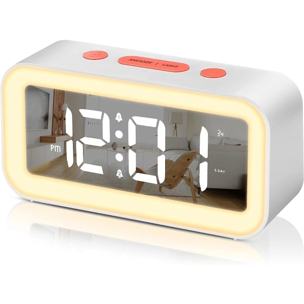 Digital vekkerklokke, LED digital klokke 2 med justerbar nattlyssnooze-funksjon (hvit)