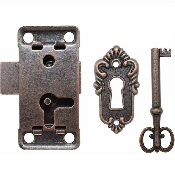Antika skåpdörrlås, set - dekorativt lås med nyckel och skruvar - för skåp
