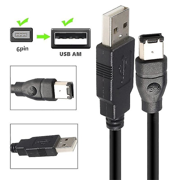 JUNSUNMAY 1,8 m Firewire IEEE 1394 6-stiftshane till USB 2.0-hane adapterkonverterkabel