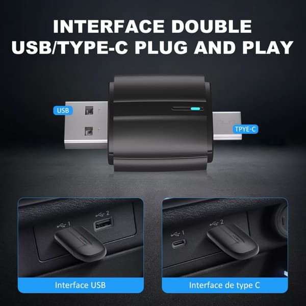 Trådløs CarPlay-adapter til Apple CarPlay og Android Auto - 2-i-1 Bluetooth Car Play Dongle Konverterer kablet til trådløst