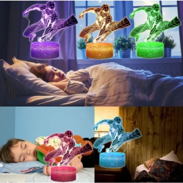 Spiderman 3D -yövalo lapsille, Spiderman Lelut pojille, Superhero 3D Illusion -lamppu 16 värin vaihtamisella ja pöytälamppu kaukosäätimellä (YX)