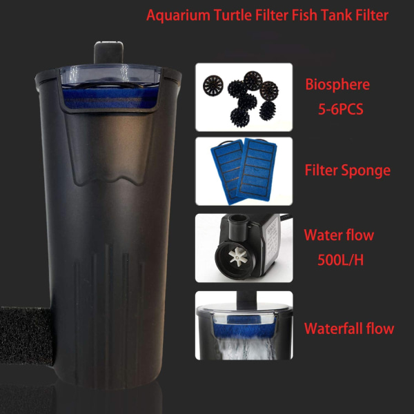 Aquarium Turtle Low Water Filter - Turtle Aquarium Cleaning Pump (600L/h) - Musta