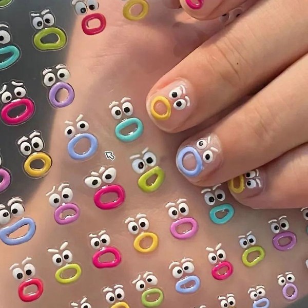 1 stk. kawaii falske negle-klistermærker med fuld dækning i munden, monster tryk på neglekunst-klistermærke i stil, vandtætte, aftagelige negle-klistermærker