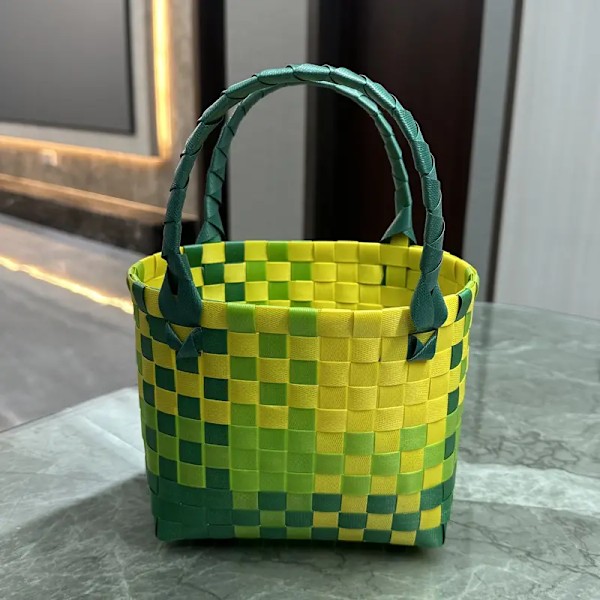 Mångsidig DIY vävd toteväska - perfekt för stranden, picknick och daglig användning - hållbar plastram, ute-redo   grönaktig gul