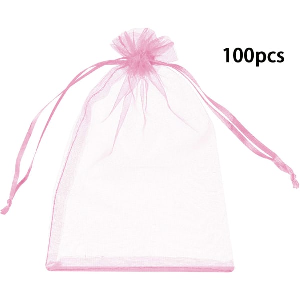 100 STK gennemsigtige organza-tasker med snøre til sliksmykker til bryllupsgave (pink)