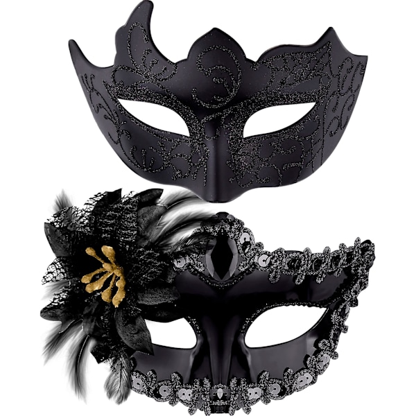 Pakke med 2 venetianske maskepar - Masker til kvinder og mænd - Venetiansk maske til Halloween, karneval, festkostume